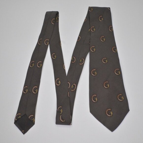 Vtg GUCCI Mens Silk Dress Tie Italy Horses Equestrian Logo Brown Orange 70s - Picture 2 of 6